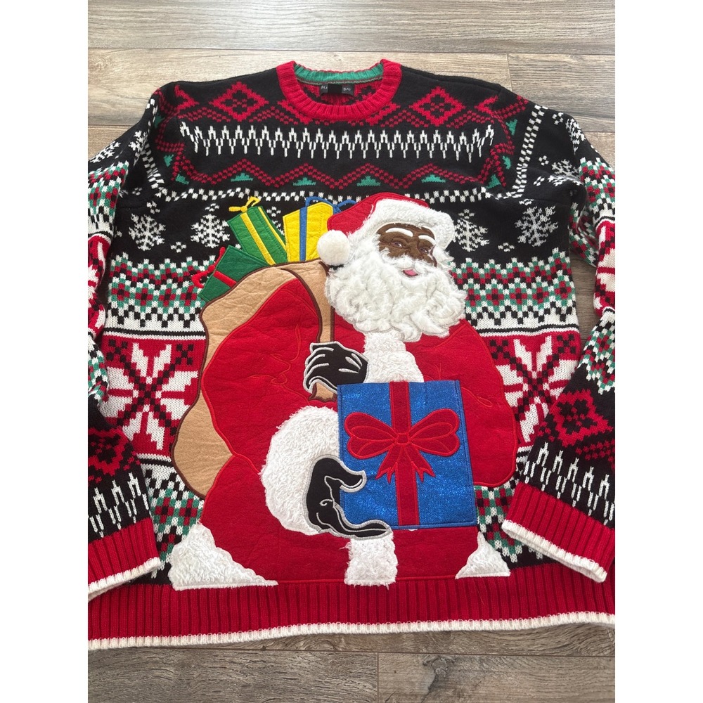 Blizzard Bay Black Santa Ugly Christmas Sweater Fair Isle Mens Large Black Red